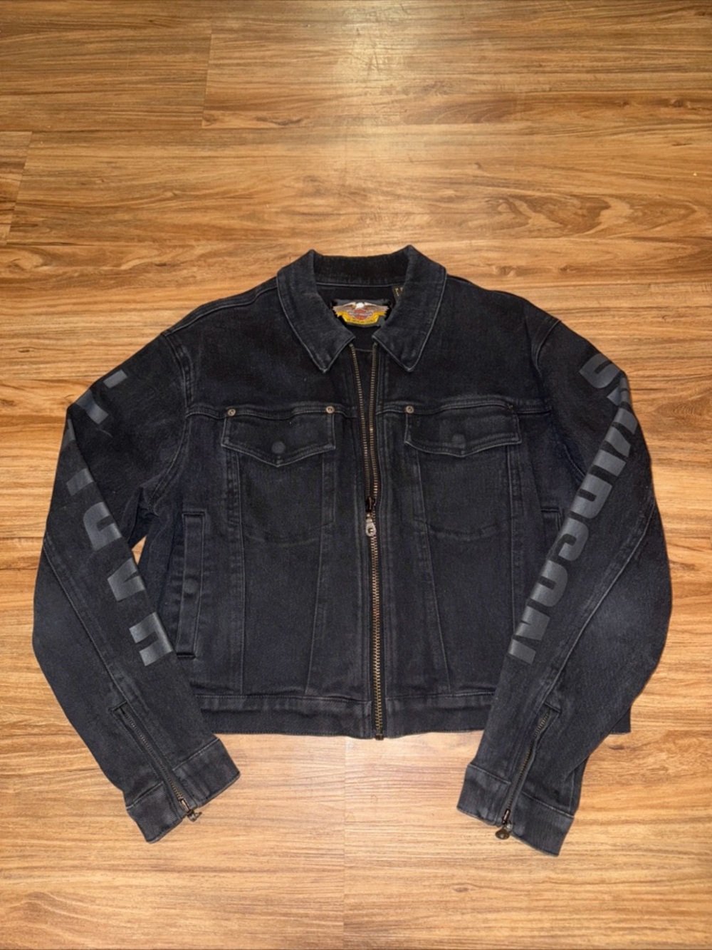 Harley Davidson Sleeve Print Women's Black Denim & Spandex Biker Jacket LG